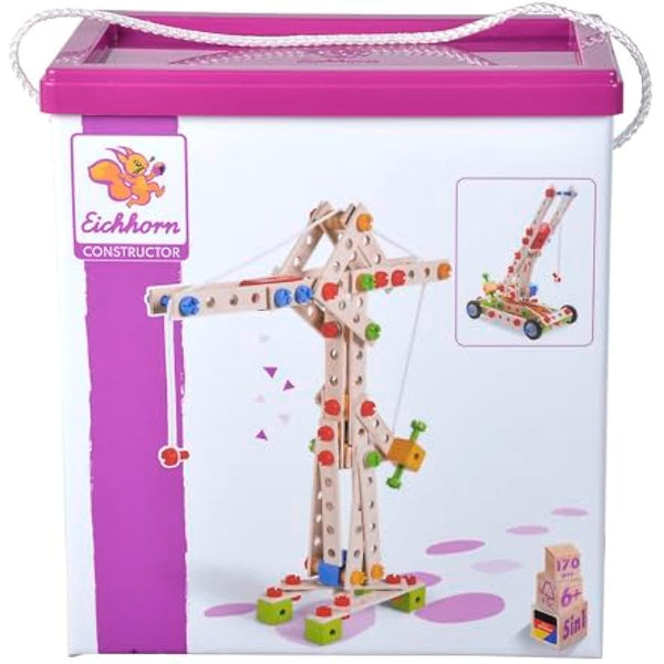 Eichhorn Constructor Crane, Versatile Wooden Toy, 170 Components, 5 Different Constructions, for Children from 6 Years