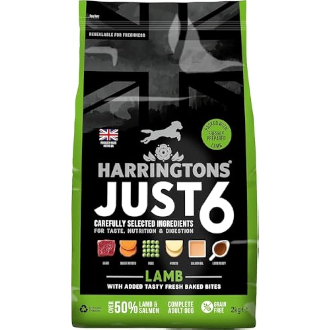 Harringtons Just 6 Complete Grain Free Hypoallergenic Lamb & Veg Dry Adult Dog Food 2kg (Pack of 4) - With Added Fresh Baked Bites