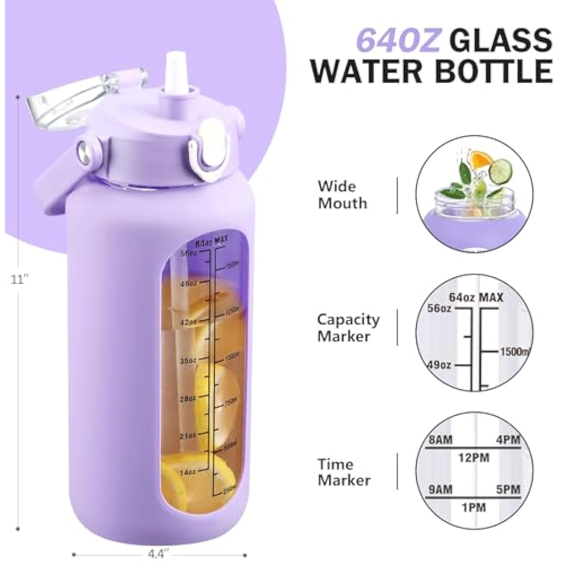 HYDRAGLAZIC 2L Glass Water Bottle with 2 Lids Flip and Chug Lids 2 Liter Large Water Jug with Time Marker and Silicone Sleeve BPA Free Leak-proof for Sports Gym, Purple