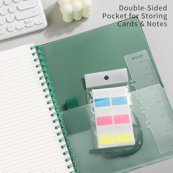 EMSHOI B5 Notebook College Ruled, Spiral Notepad 150 Sheets/300 Pages, 100gsm, PVC Cover, Sticky Notes, Pocket, Pen Loop, Ruler, Bookmark, Lined Journal for Women Men Writing, 19 x 25cm, Dark Green