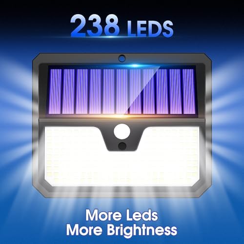 Outdoor Solar Lights, 238 LED Solar Security Lights and 3 Modes Motion Sensor 270° Wide Angle Solar Powered Lights IP65 Waterproof Solar Wall Light for Front Door, Yard, Garage, Garden (4 Pack)