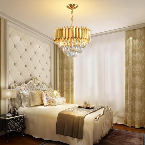 Gold Modern Crystal Chandeliers 3-Tier K9 Round Crystal Light Fixture Small Gold Chandeliers Ceiling Light Fixture for Dining Room Living Room Bedroom Entryway E14*5Light