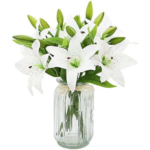 Olrla White Artificial Lily Flowers 6 pcs, Easter Lily, Waterproof Fake Flowers for Graveside Wedding Party Bathroom Garden Decor