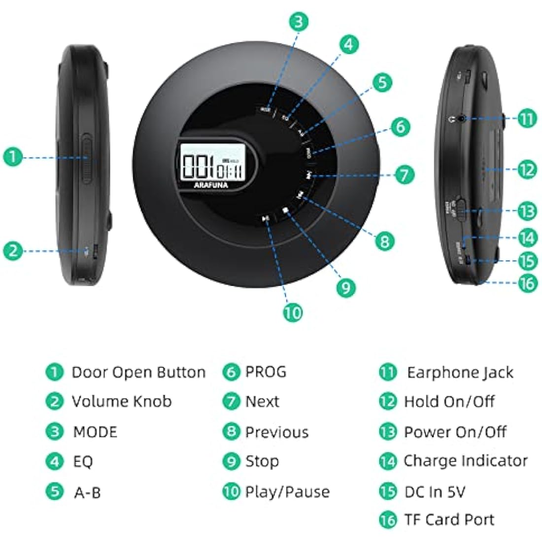 ARAFUNA CD Player Portable, Rechargeable Portable CD Player for Car and Travel, Small Player CD with Headphone and Anti-Skip, Personal Player with LCD Display, AUX Cable, Backlight