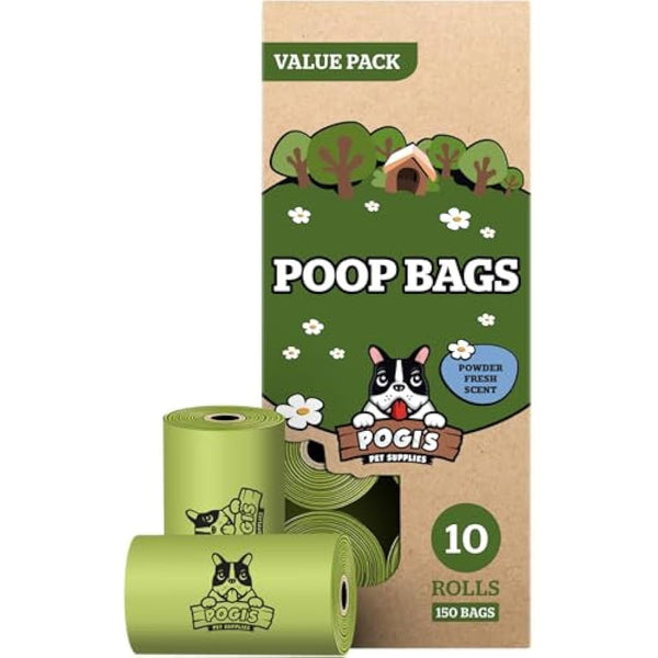 Pogi’s Dog Poo Bags – Biodegradable, Ultra Thick, Leak-Proof, Powder Fresh Scent, 150 Bags (10 Rolls)