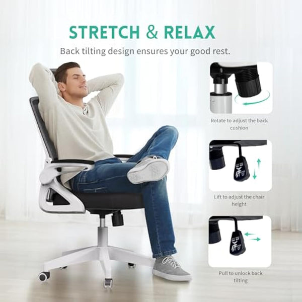 Ergonomic Office Chair, S-Shaped Mesh Desk Chairs, Adjustable Headrest & Lumbar Support, 90°Flip-Up Armrest, Breathable High Back & Widened Cushion, Swivel Computer Chair for Home/Study/Office