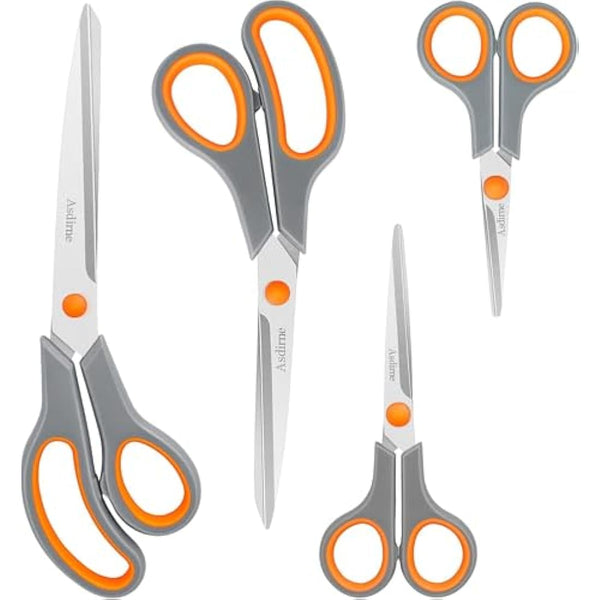 Asdirne Stainless Steel Scissors, Modern Style, Soft Grip Handle, 4 Pcs Pack - Orange