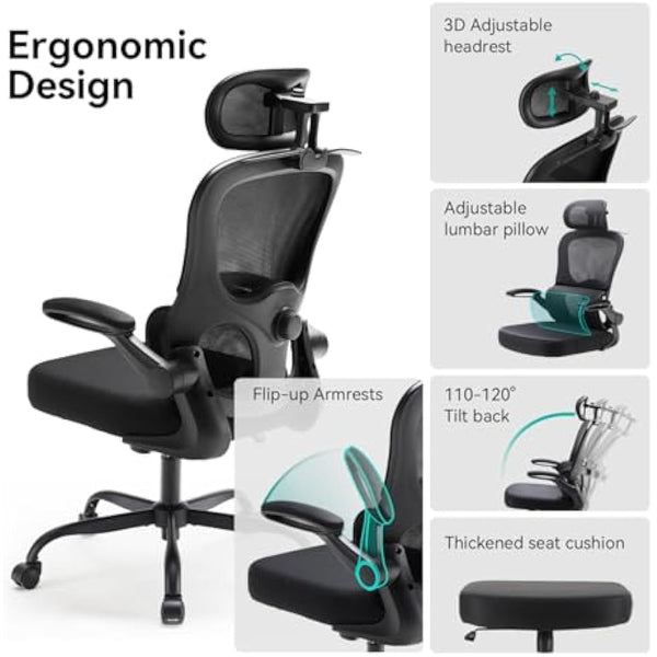 Aevoriax N56 Ergonomic Office Chair - Dual Backrest Design, Adjustable Lumbar Support, Thick Padded Seat, Flip-Up Armrests, Tilt Function - Ideal for Home Office, Gaming & Conference, Black