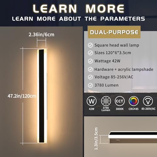 Mikeru 120CM Outdoor Wall Mounted Lights, LED Garden Wall Lighting 2Pack Black Outside Wall Light Warm White 3000K Hard Wired Ip65 Waterproof Driver Indoor Stair Lamp42W for Cabinet, Balcony