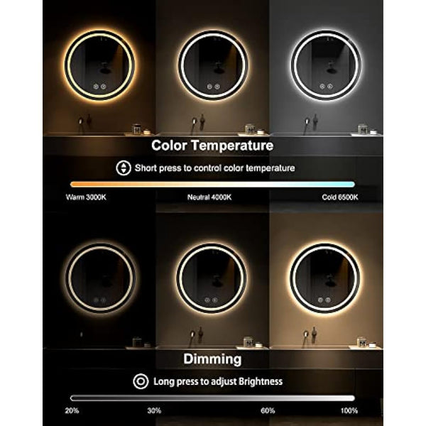 Dripex 700mm Round Bathroom Mirror with LED Light, Illuminated Circle Makeup Vanity Mirror with Demister Pad, Anti-fog, 3 Lighting Modes, Dimmable, Wall Mounted, Front+Backlit, IP44