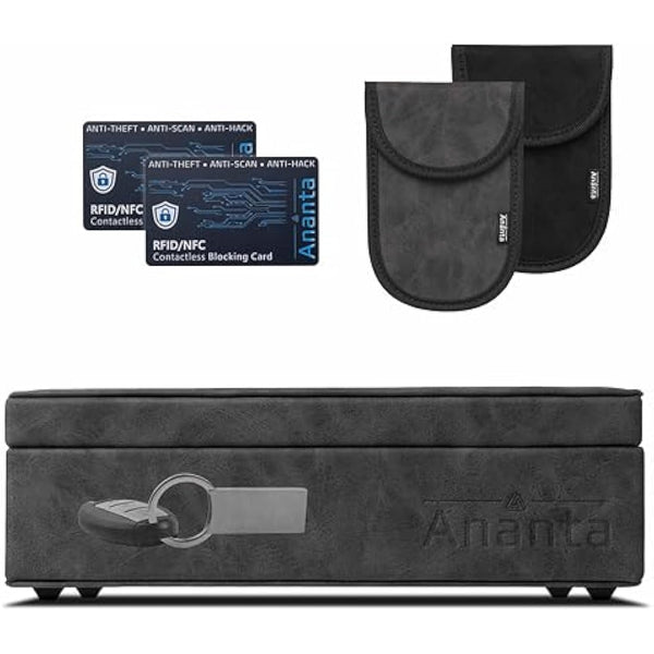 Ananta Faraday Box for Car Keys – Luxury RFID Signal Blocking Key Box, Magnetic Close, Twin Faraday Pouches & RFID Cards (Grey)
