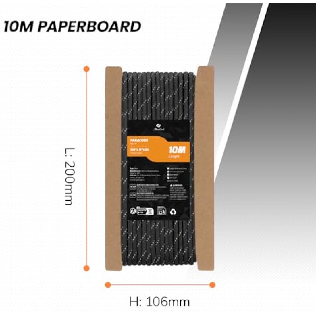 Abma Cord Paracord 550 4mm 10m 100% Nylon Rope Type III 7 Strands Parachute Cord for DIY, Camping, Survival, Outdoor - Max. 250kg - Reflective Black