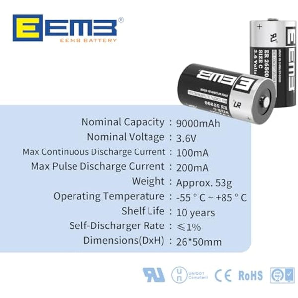 EEMB ER26500 C Size 3.6V 9000mAh Lithium Battery High Capacity Li-SOCL₂ Non-Rechargeable LS26500 SB-C01 TL-2200 for TPMS Automobile tire pressure monitor Smart card instrument electricity meter (10)