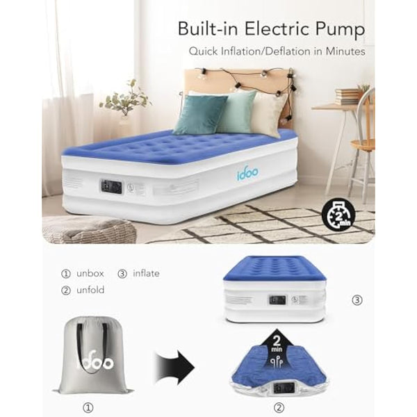 iDOO Single Air Bed, Inflatable Mattress with Built-in Electric Pump, Blow Up Mattress Camping Airbed, Self inflating Camp Bed in Storage Bag for Home Portable Travel 190x99x46cm