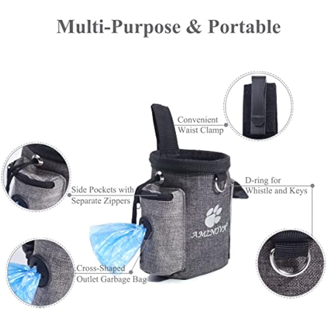 AMZNOVA Dog Treat Bag, Waistband& Belt Clip Free Your Hands to Carry Toys, Kibble and Treats, Lightweight Dog Treat Pouch Bag with Poop Bag Dispenser, Heather Coffee