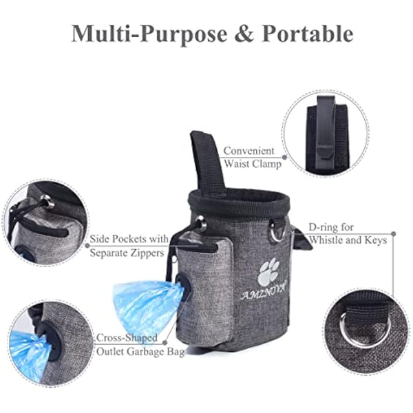 AMZNOVA Dog Treat Bag, Waistband& Belt Clip Free Your Hands to Carry Toys, Kibble and Treats, Lightweight Dog Treat Pouch Bag with Poop Bag Dispenser, Heather Coffee