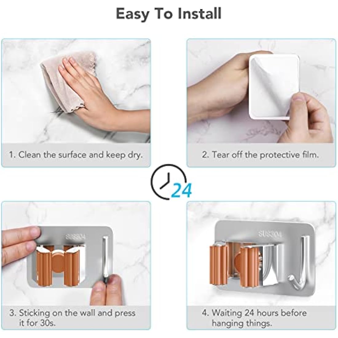 homeasy Mop Broom Holder, 4 Pcs Stainless Steel Self Adhesive Mop Holder Wall Mounted with Hooks Hanger Self-Adhesive Broom Holder (Orange)