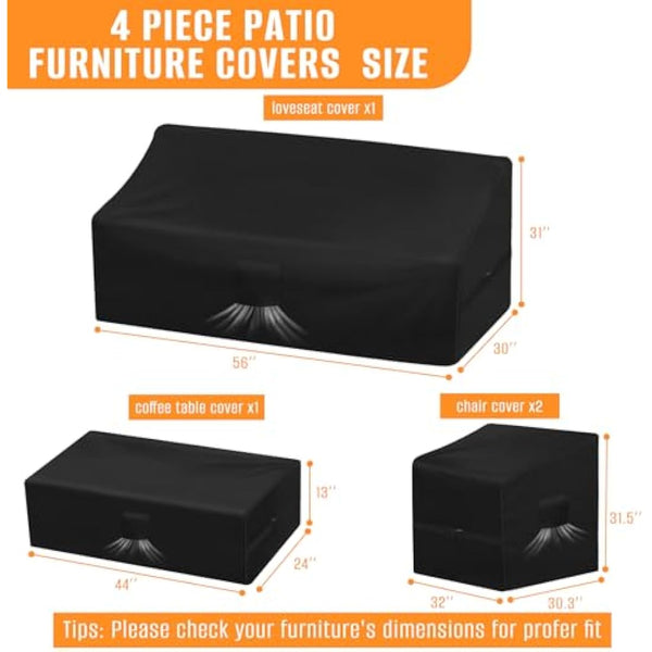 Kovshuiwe 4-Piece Outdoor Veranda Patio Garden Furniture Covers Set, Waterproof Upgraded 420D Heavy Duty Oxford Fabric Rattan Furniture Cover for Chair Sofa(Black)