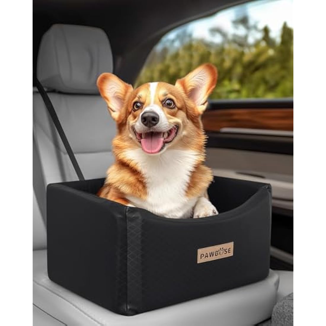PAWBOSE Car Dog Seat for Small Medium Dogs up to 35lbs, Black Elevated Pet Car Seat with Dog Safety Belt, Waterproof Pet Car Travel Bed