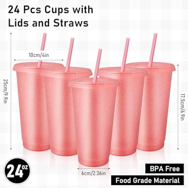 24 Pcs Reusable Cups with Lids and Straws 24 oz Glitter Iced Coffee Tumbler Plastic Travel Mug Cup for Smoothie Juices Birthday Sleepover Party Supplies (Light Pink)