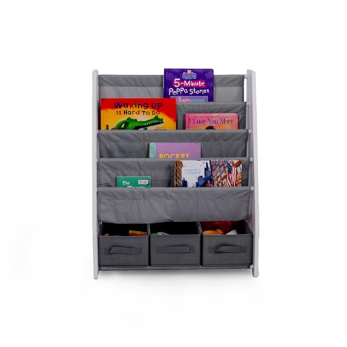 Humble Crew Inspire Wooden Bookshelf for Children, 4 Tier Book Storage Shelf with Deep Fabric Pockets, 3 Collapsable Bin Organisers, Forward Facing