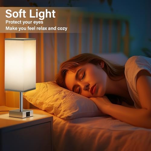 Aooshine Touch Bedside Lamps Set of 2, Touch Bed Lamp with USB-C+A Charging Ports, 3-Way Dimmable Table Lamps for Bedroom with Grey Fabric Shade(Bulbs Included)