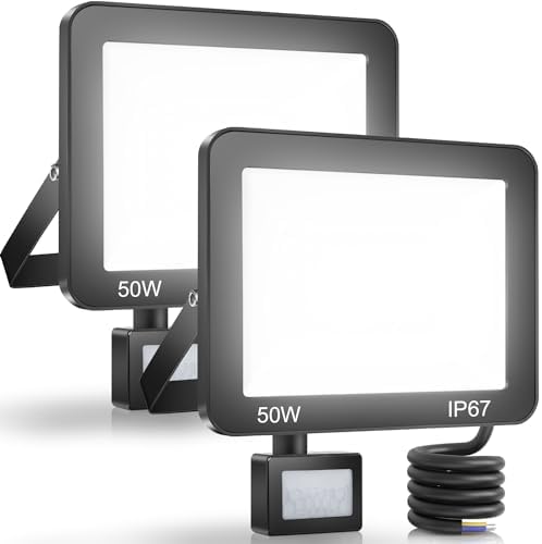 YIQIBRO 50W PIR Security Lights Outdoor Motion Sensor 2 Pack, 5000LM LED Floodlight with PIR, IP67 Waterproof Flood Lights Motion Sensor for Garden, Garage, Patio, Yard