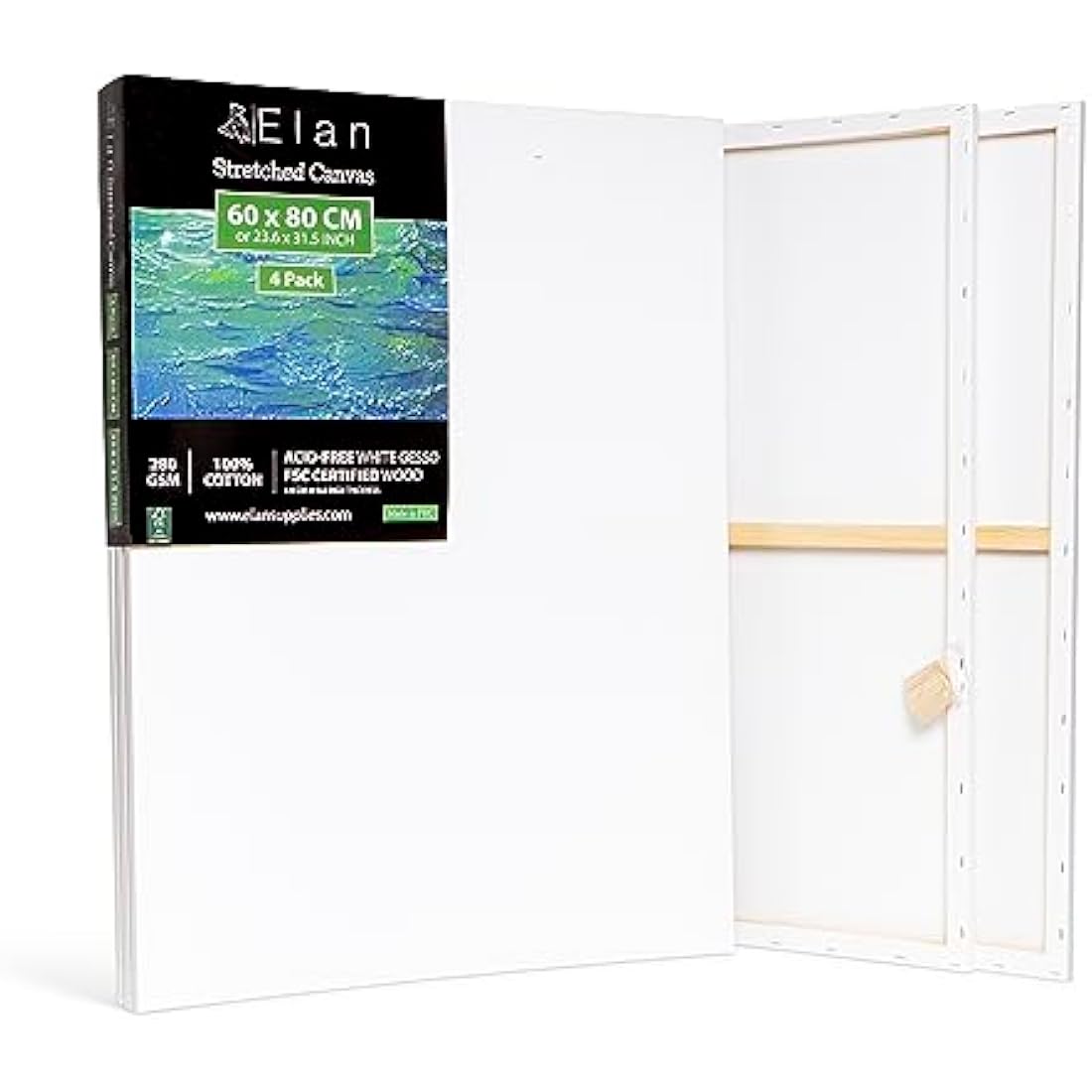 Elan Stretched Canvases 60x80 CM, 4-Pack Large Canvas for Painting 280 GSM, Triple Primed Large Stretched Canvas for Painting 60x80 CM