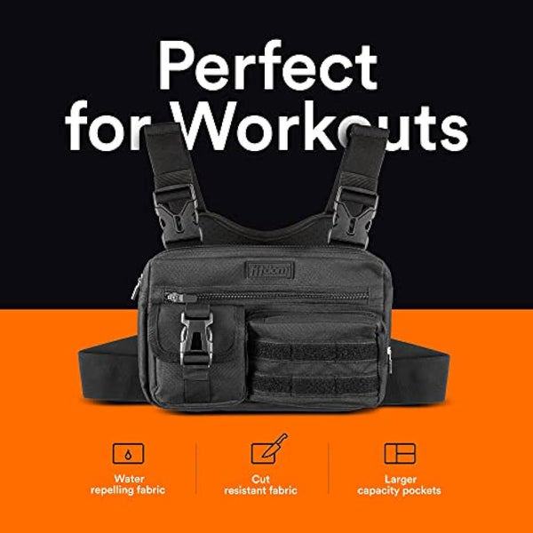 Fitdom Tactical Inspired Sports Utility Chest Pack. Chest Bag for Men with Built-in Phone Holder. This EDC Rig Pouch Vest is Perfect for Workouts, Cycling & Hiking, Jet Black, Tactical Chest Bag