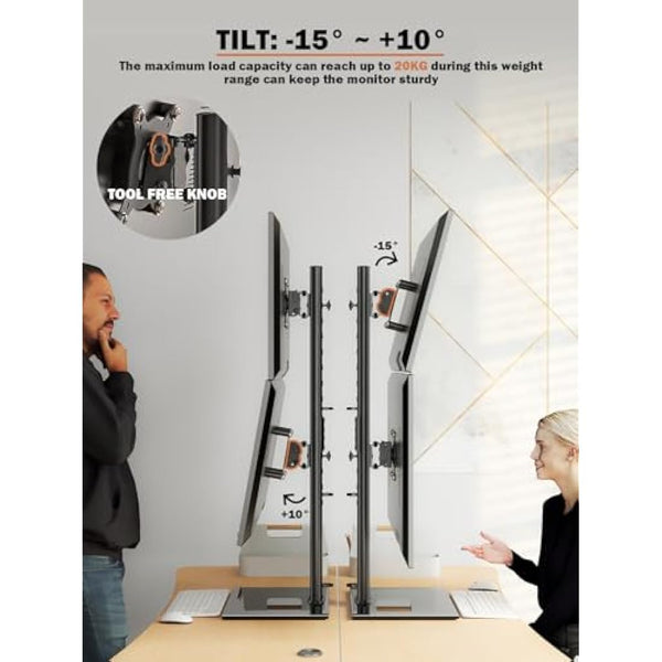 HEMUDU Dual Monitor Stand, Vertical Stack Screen Free-Standing Monitor Riser Fits Two 13 to 34 Inch Screen with Swivel, Tilt, Height Adjustable, Holds One (1) Screen up to 20kg HT05B-002P