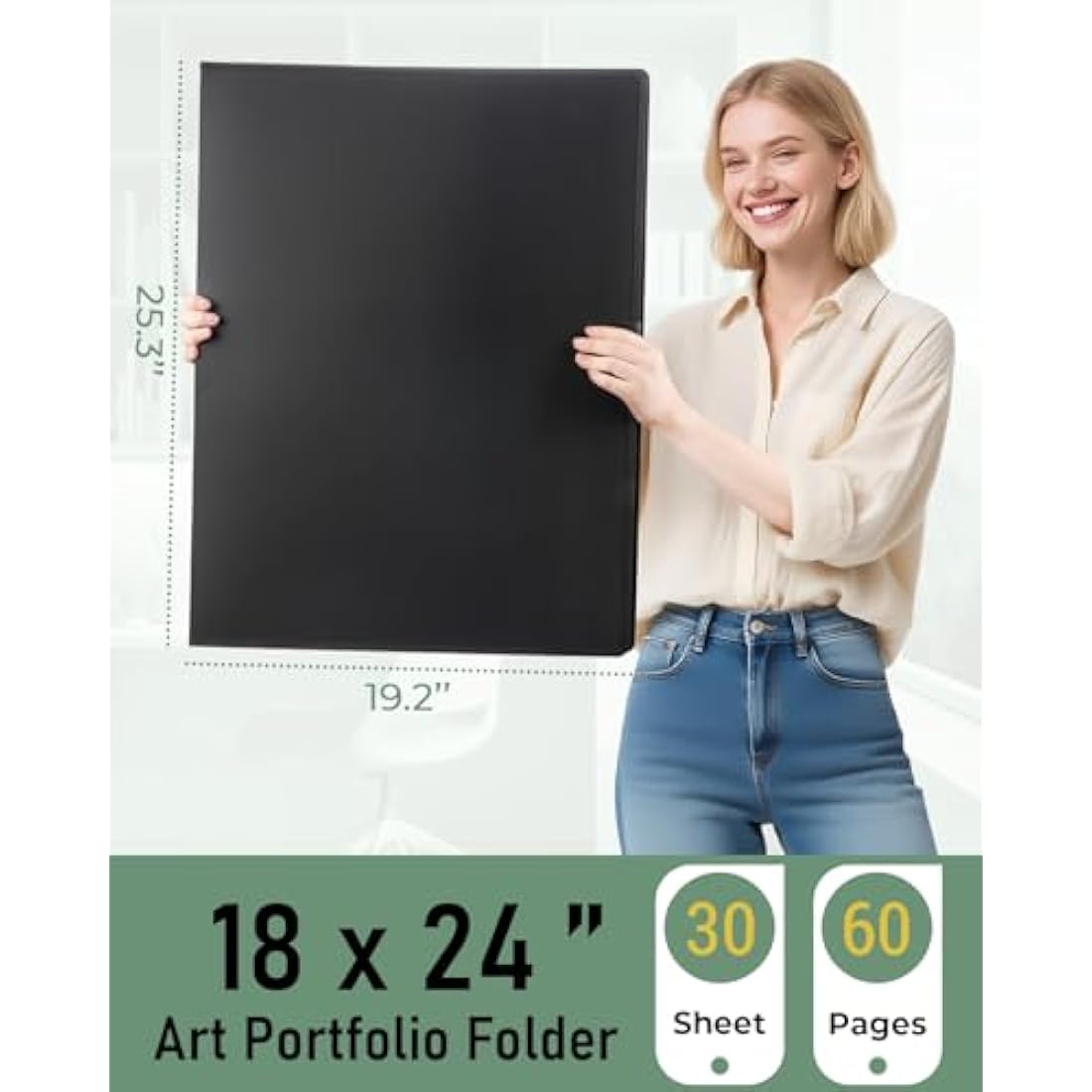 Nicpro 18x24 Large Art Portfolio Folder, 30 Pockets Display 60 Pages Artist Portfolio Folder with Clear Plastic Sleeves, Presentation Storage Book for Kids & Artists Artwork Dr awing, Painting Black