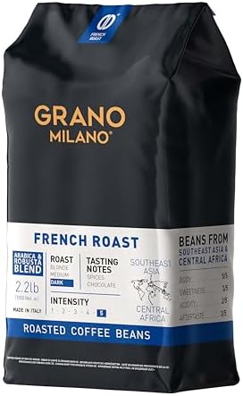 Grano Milano Robusta Coffee Beans, 1kg French Roast Robusta Blend, Dark Roast, Intensity 5/5 Extra Strong Coffee, Made in Italy