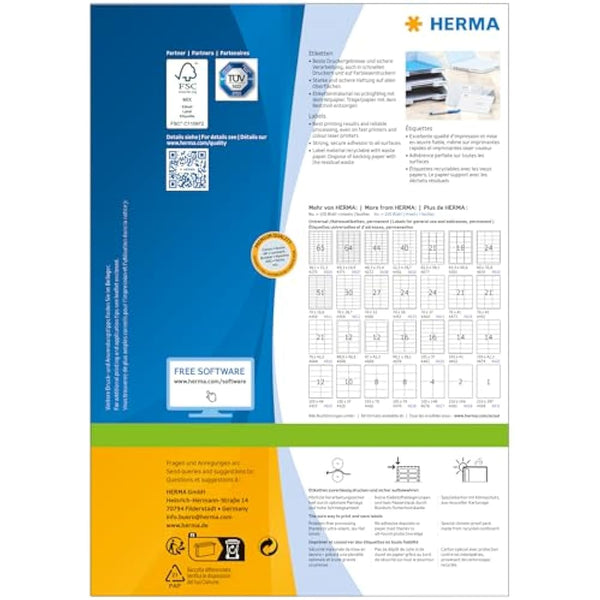 HERMA Self Adhesive Multipurpose Labels, 12 Labels per A4 Sheet, 100 Sheets, 88.9 x 46.6 mm, 1200 Labels, Blank Universal Labels Stickers, Sticky Labels for Laser & Inkjet Printer, White