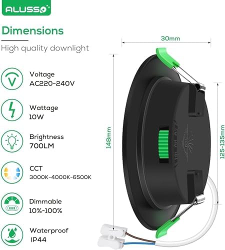 ALUSSO Ultra Slim 10W Dimmable LED Downlights, 700LM Recessed Ceiling Lights, 3000K-6500K Adjustable, 30MM Height, IP44 Rated for Bathroom, 12 Pack