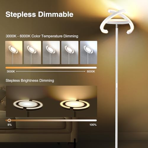 FIMEI Floor Lamp, Stepless Dimming & 3000K - 6000K Color Temperatures, Remote/Touch Independent Control, Eye-Protecting, Uplighter Floor Lamp for Living Room, Central Lamp Upward, White