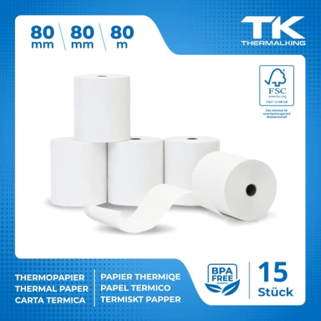 15 Rolls of Premium Thermal Paper 80mm x 80mm x 12mm - Certified for Checkout Printer like Epson, IBM, Metapace etc.