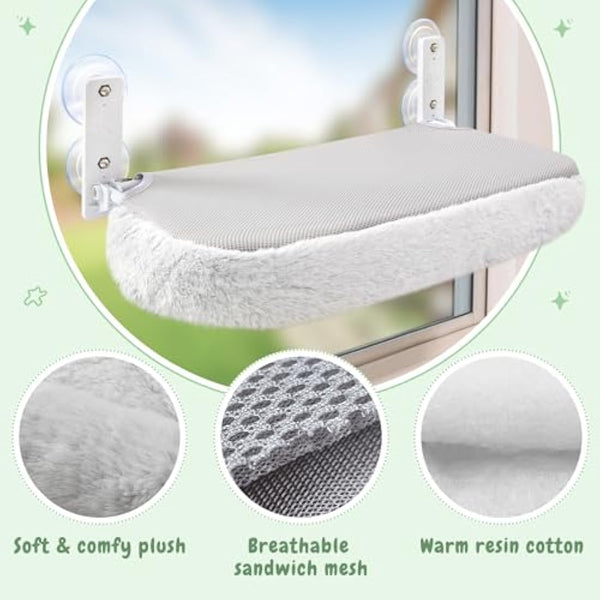 GUUSII HOME Cat Hammock Window Perch Foldable Hanging Bed Windowsill Seat Large Cats Shelf with Strong Suction Cups Kitty Lounger Reversible Cover 53 * 30cm Hold Up to 18kg Easy to Assemble(Grey)