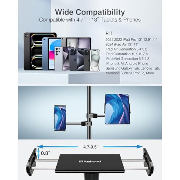 elitehood Metal iPad Holder for Mic Stand, Side Mount Tablet Microphone Stand Holder for Musicians, 360° Swivel Tilt Adjustable Microphone Tablet Mount for iPad, iPhone, More 4-13in Devices - Black