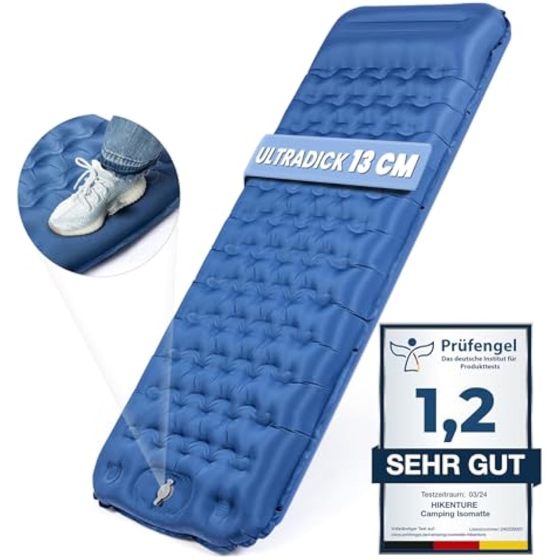 HIKENTURE Self-Inflating Sleeping Mat, 13 cm Ultra Thick Sleeping Mat Camping with Cushion, Inflatable Air Mattress, Small Pack Size, Ultralight Sleeping Mat with Foot Pump for Outdoor, Hiking, Tent,