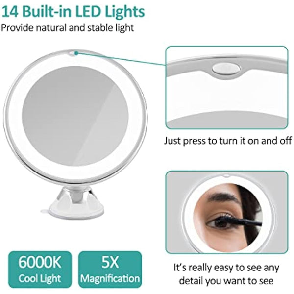 EMKE 5X Magnifying Shaving Mirror with Light, LED Travel Makeup Mirror with Locking Suction Mount | 360° Swivel | Cool Light | Battery, Portable Illuminated for Bathroom, 175mm (UCM03BTMX1W)