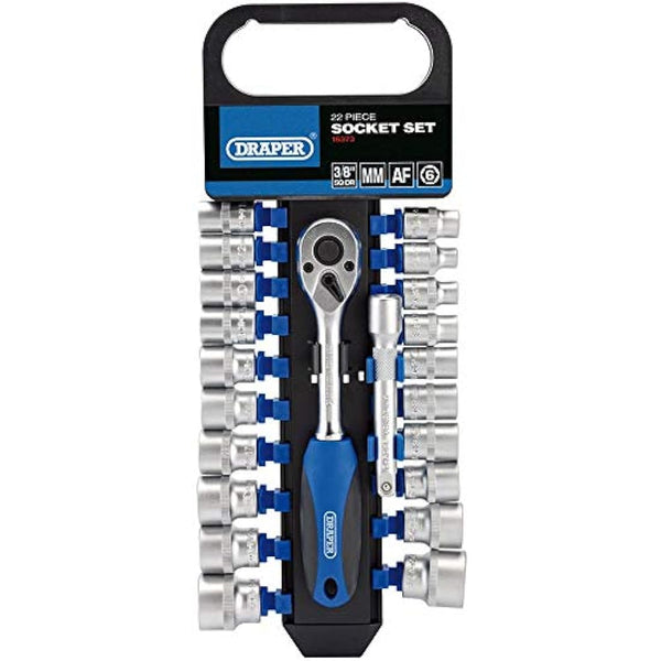 Draper 16373 Square Drive Combined MM/AF Socket and Ratchet 22 Pieces Set, 3/8" Length , Blue