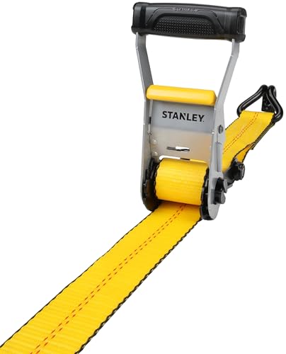 STANLEY S1007 Black/Yellow 1.5" x 16' Ratchet Tie Down Straps - 1,100 lb Safe Working Load / 3,300 lb Break Strength, 2 Pack
