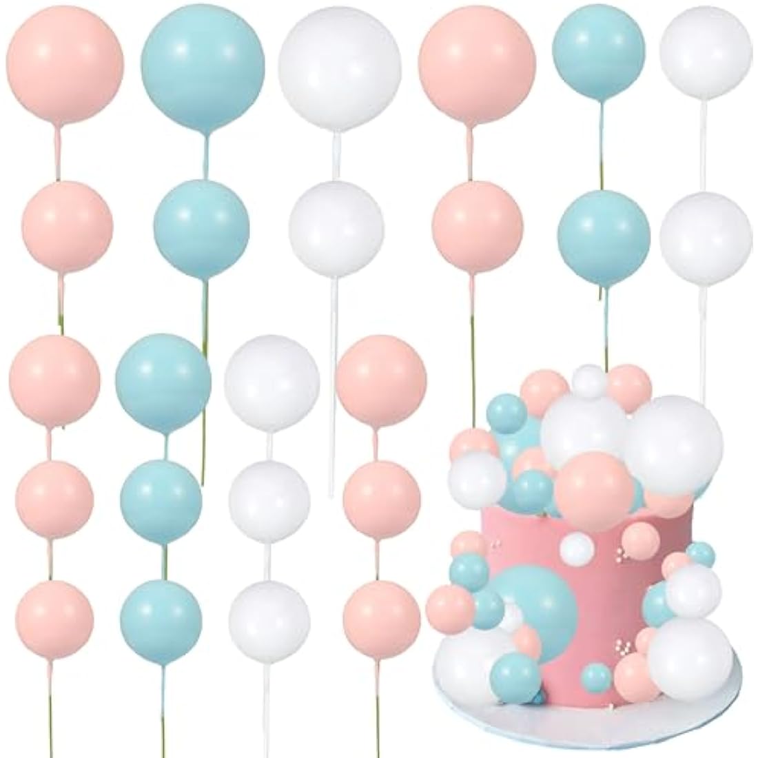 Gyufise 30Pcs Balls Cake Topper Foam Ball Cake Picks Faux Pearl Ball Shaped Cupcake Insert Cake Topper for Baby Shower Wedding Anniversary Kids Birthday Party Cake Decorations White Blue Pink