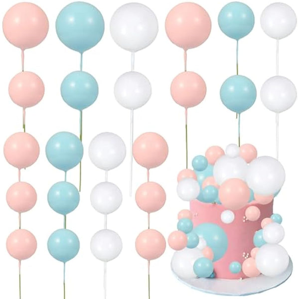 Gyufise 30Pcs Balls Cake Topper Foam Ball Cake Picks Faux Pearl Ball Shaped Cupcake Insert Cake Topper for Baby Shower Wedding Anniversary Kids Birthday Party Cake Decorations White Blue Pink