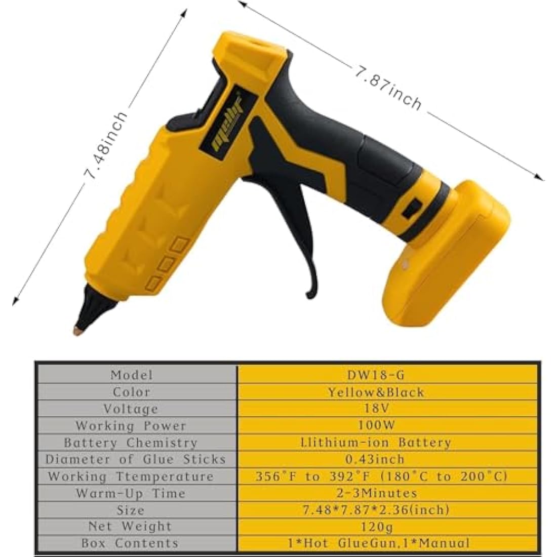 100W Hot Glue Gun Cordless,Compatible with Dewalt 18v Battery Powered Full Size 11mm Sticks (Tool Bare, no Battery, no Charger)
