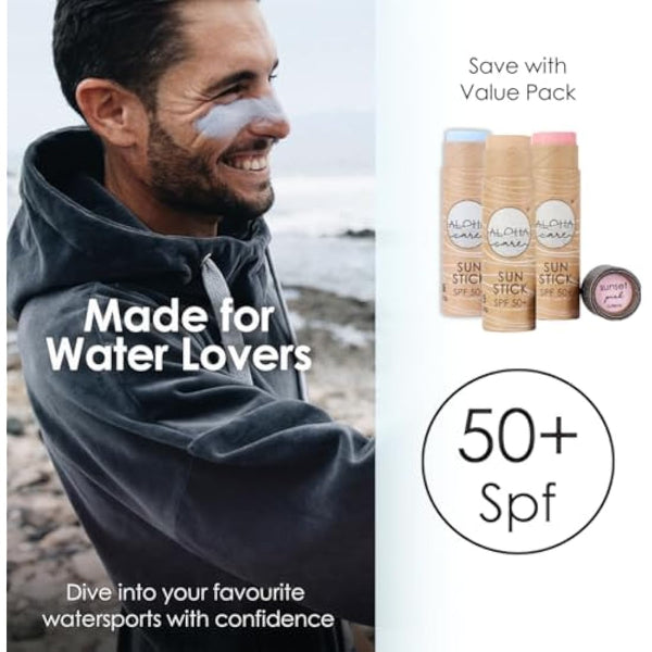 Aloha Sun Stick SPF 50+ | Ideal for Water Sports & Surfing | Mineral Sunscreen Stick SPF 50 Face, Sunblock Stick, Sun Block Sticks for Face, SPF Stick, Zinc Stick Alternative Sunstick | 60g - 3-pack