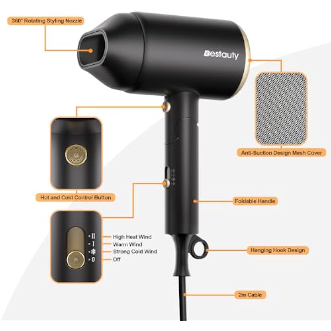 Bestauty Hair Dryer Travel Hair Dryer, Powerful Ionic Hairdryer with 3 Temperature Settings and Cool Button for Women & Men, Foldable Portable Lightweight Hairdryer with Diffuser and Storage Bag