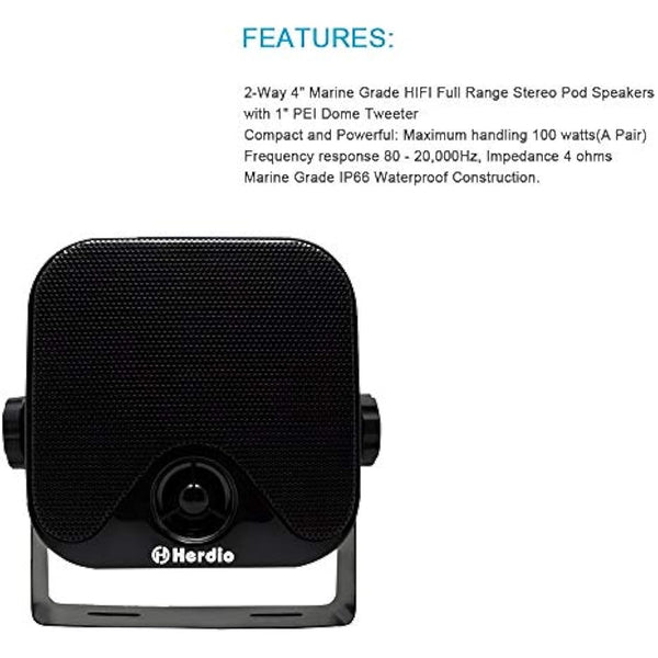 Herdio 120W Outdoor Speakers Waterproof - 4 Inches Marine Grade Mount Speakers For Home, Boat, Poolside, Patio, Indoor Outdoor