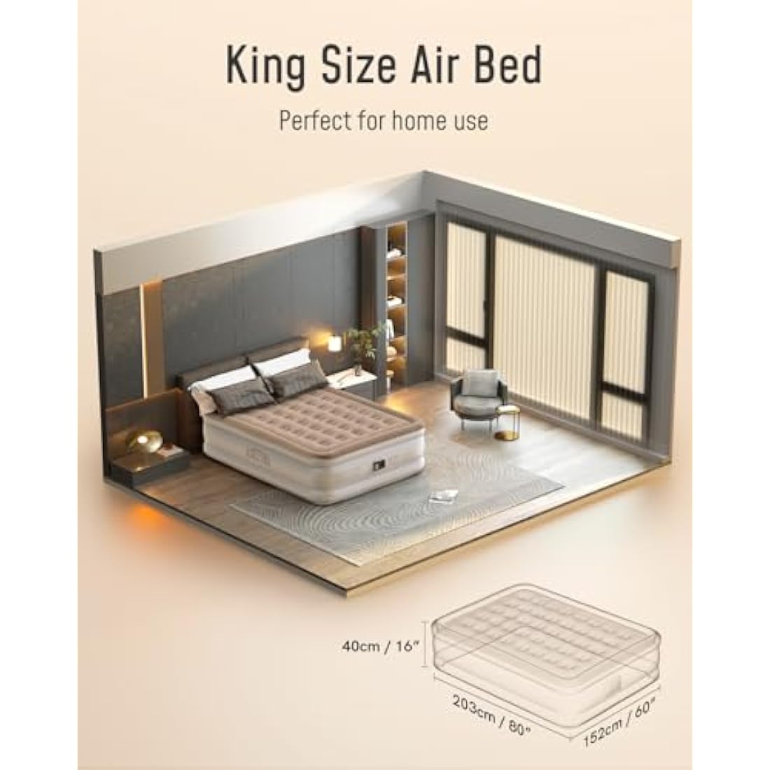 Airefina King Air Bed, Inflatable Mattress with Built in Pump, Blow up Bed in 3 Mins Self-Inflation, Portable Double Blow up Mattress, Flocked Surface Airbed for Guest, Home & Camping, -203×152×40cm