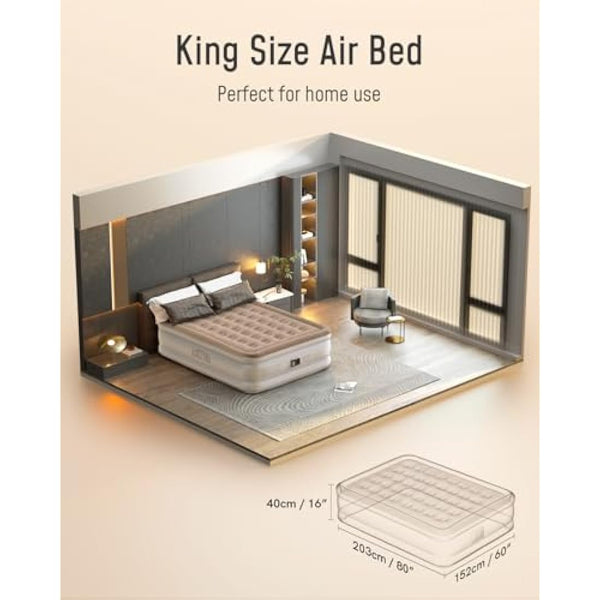 Airefina King Air Bed, Inflatable Mattress with Built in Pump, Blow up Bed in 3 Mins Self-Inflation, Portable Double Blow up Mattress, Flocked Surface Airbed for Guest, Home & Camping, -203×152×40cm